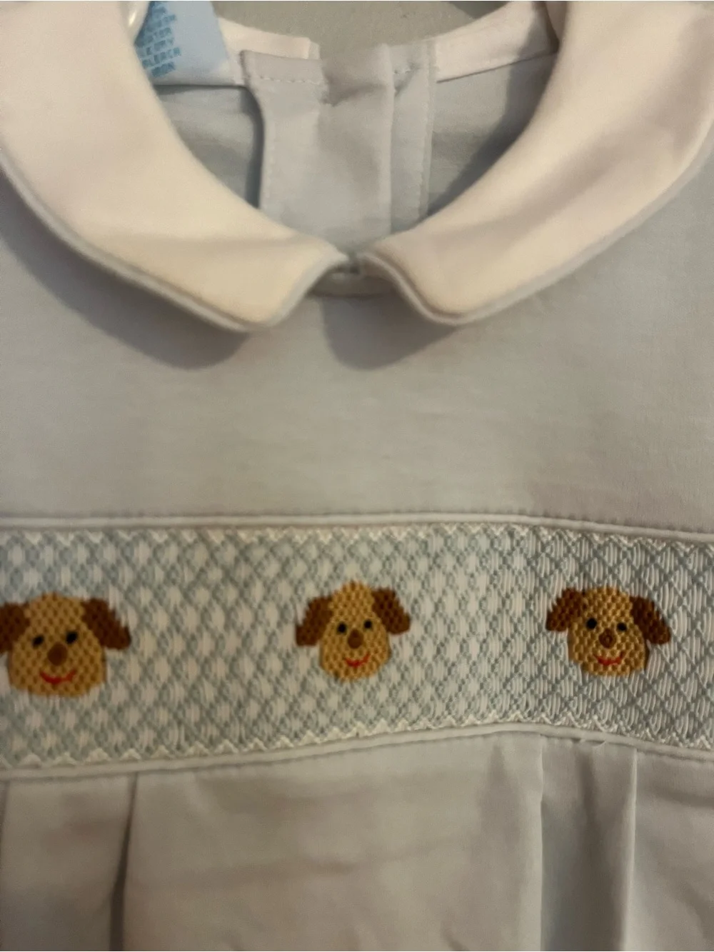 petit bebe Baby Romper with Smocked Puppies - White